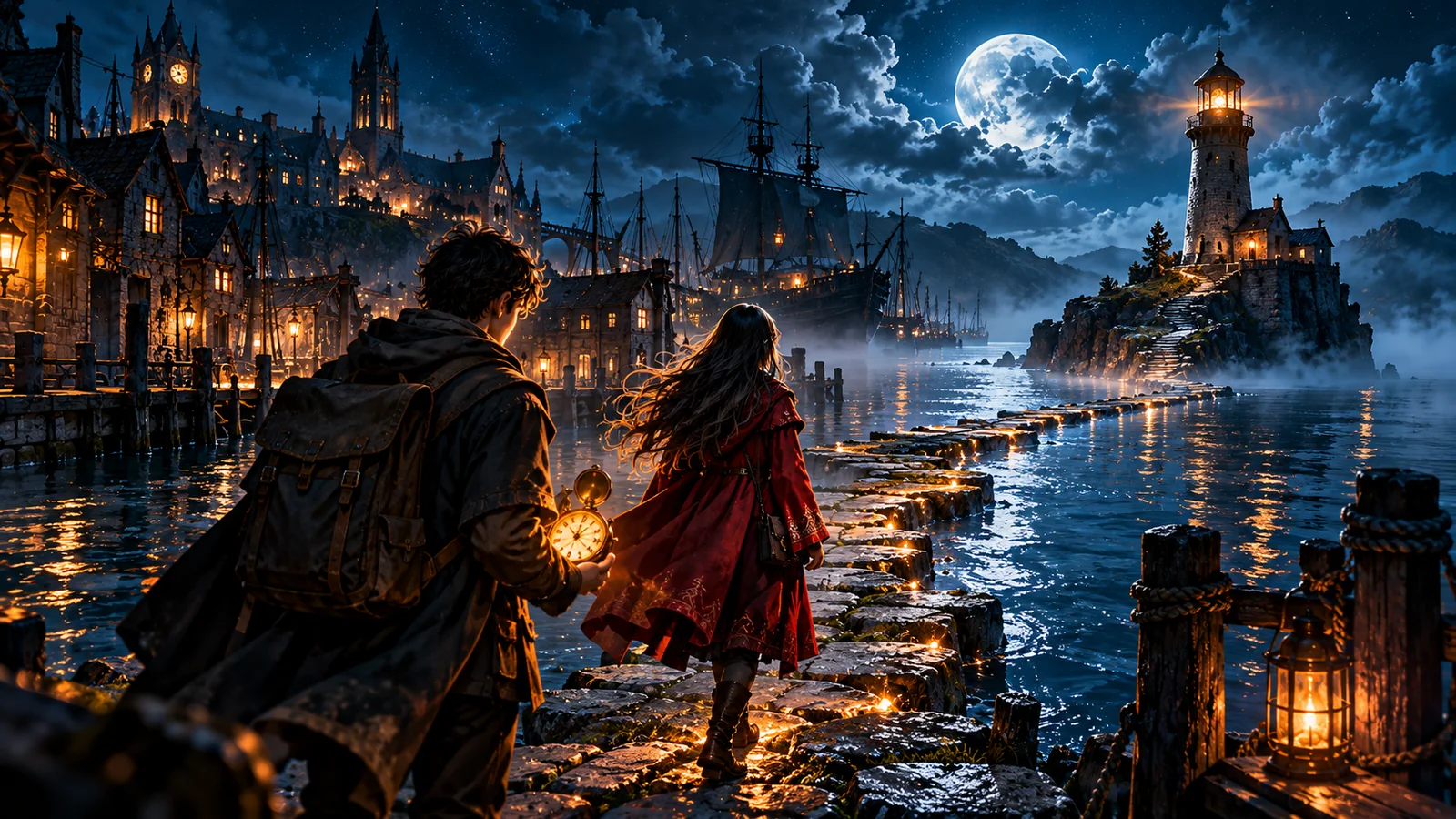 Lio und Nara auf dem Weg zum Leuchtturm (KI-generierte Illustration)